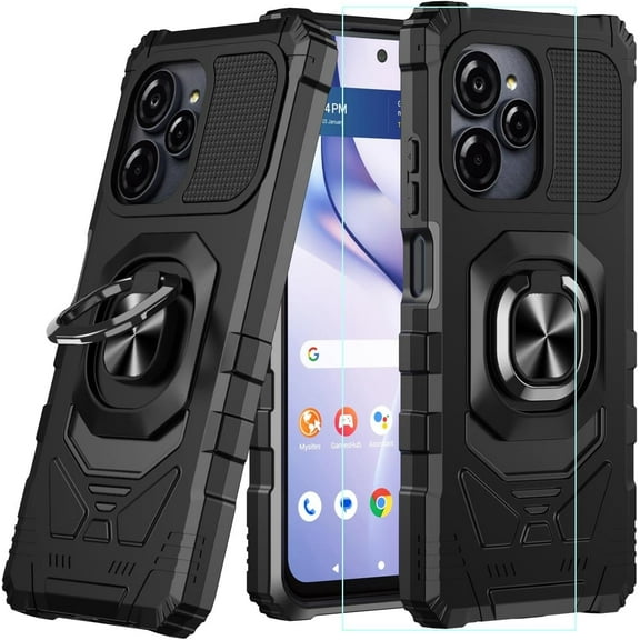 For Blu View Speed Ultra 5G Case with Tempered Glass Screen Protector,Military Grade Heavy Duty Shockproof Protective Cover,with Ring Kickstand for BLU B1660V - Black