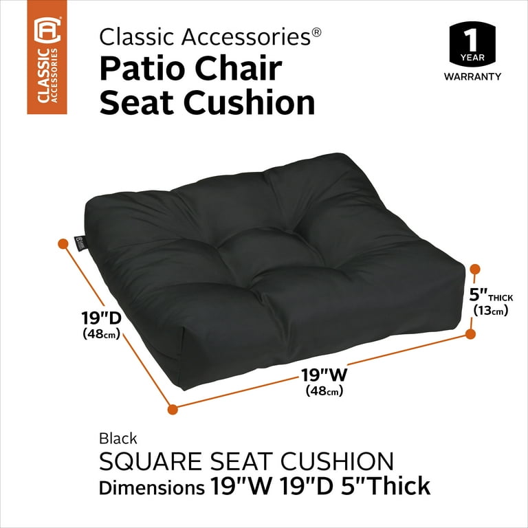 Classic Accessories Water Resistant Square Patio Seat Cushions 19 x 19 x 5 inch Black 2 Pack