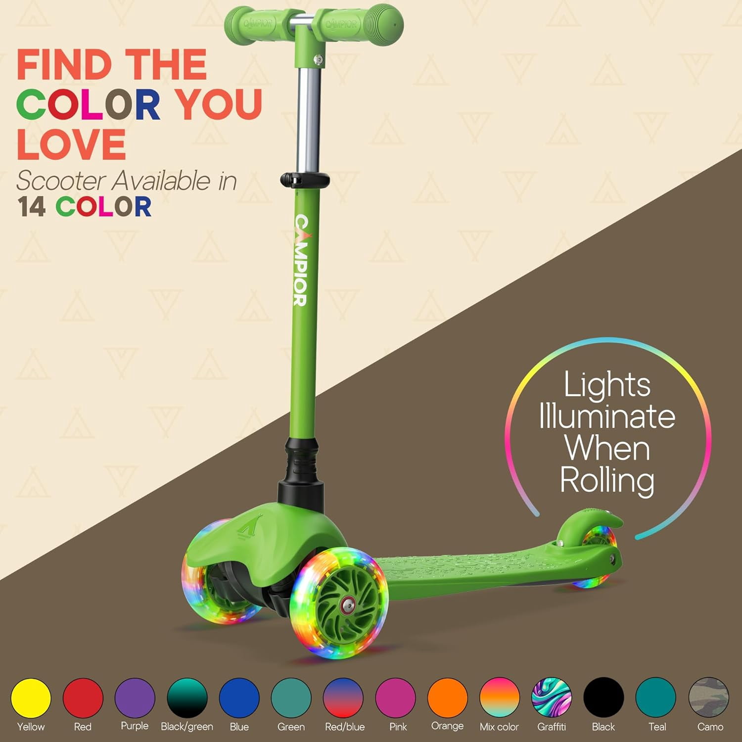 Campior Green 3-Wheel Kids Scooter, Lean-to-Steer with LED Wheels, Adjustable Handlebar, Anti-Slip Deck, Rear Foot Brake, Ages 2+