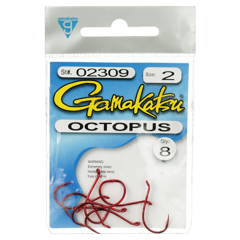 Gamakatsu Octopus Hook in High Quality Carbon Steel, Red, Size 2, 8-Pack