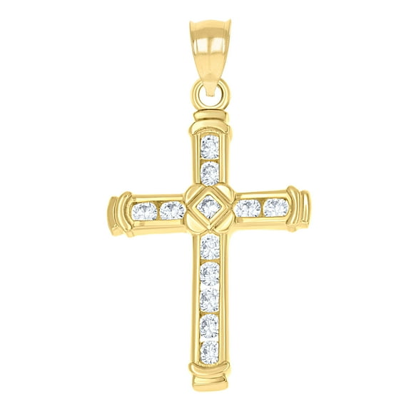 10kt Real Yellow Gold Womens Mens Round Cubic Zirconia Cubic-Zirconia Cross Religious Charm Pendant