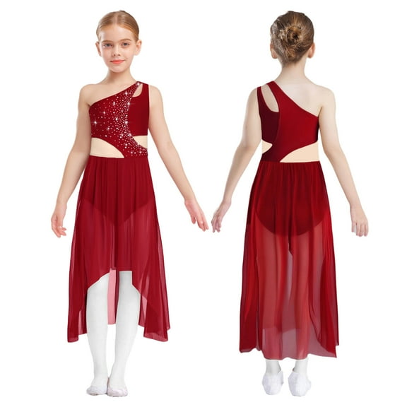 Aislor Girls Sparkly Rhinestone One Shoulder Contemporary Lyrical Dance Ballet Tulle Leotard Dress Dancewear Burgundy 6
