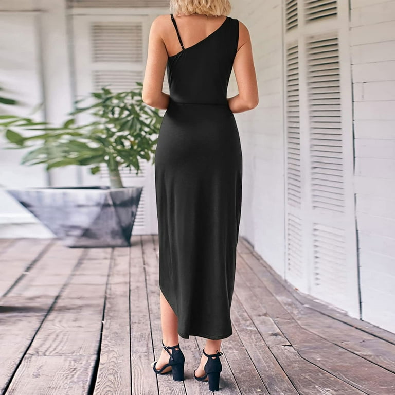 Wycnly Dresses for Women Basic Ruched Bodycon One Shoulder Irregular Wrap Strap Dresses Sleeveless Slash Neck Solid Summer Midi Formal Dress Black XL Walmart