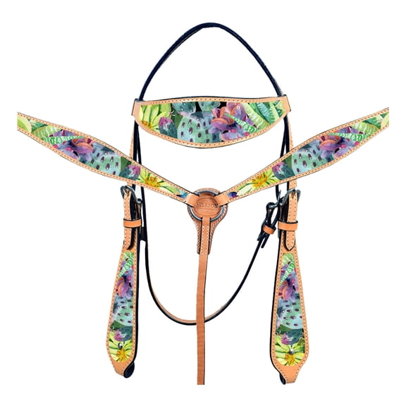 HILASON Western Horse Genuine American Leather Headstall & Breast Collar Set Blooming Cactus