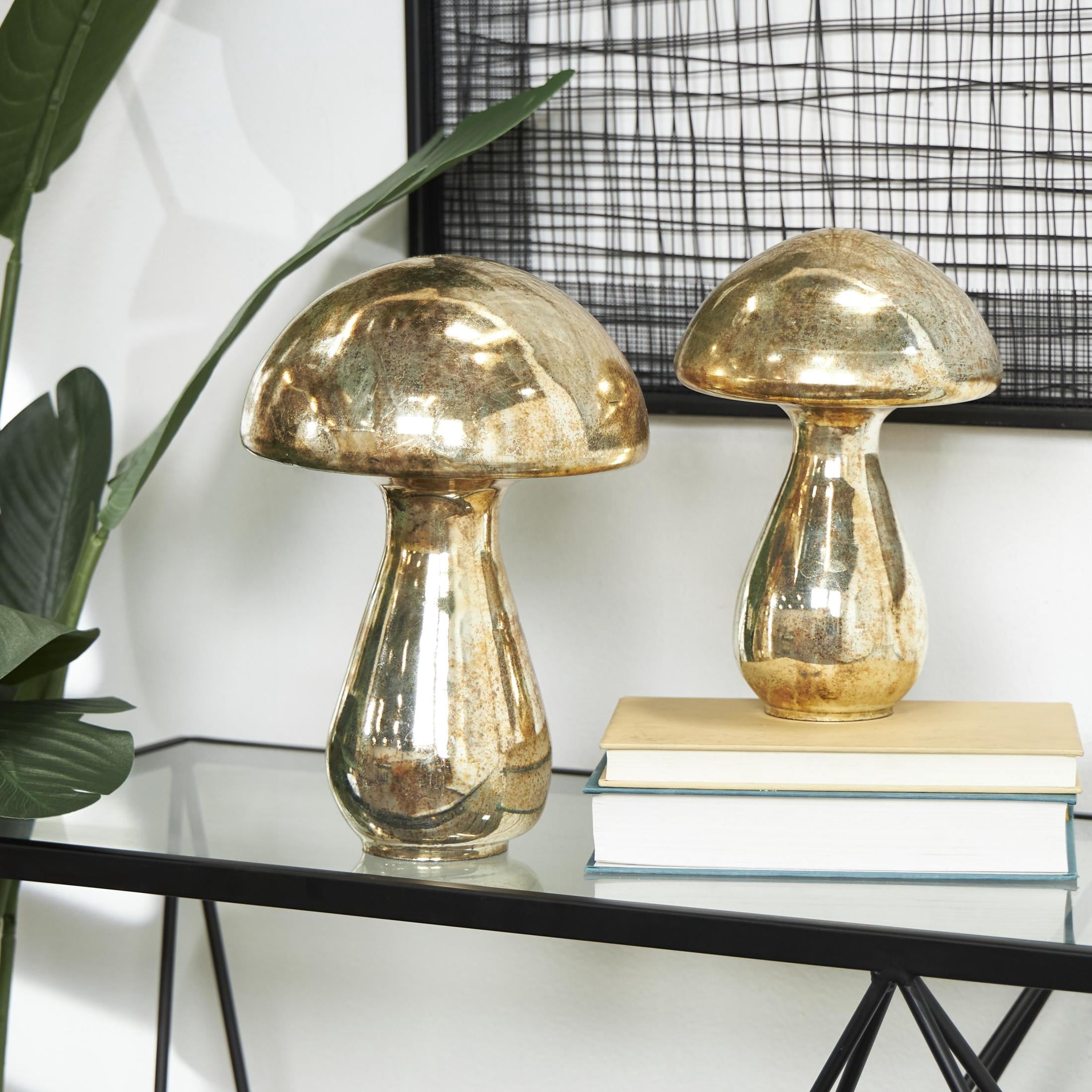 12", 10"H Champagne Glass Handmade Glossy Weathered Mushroom Sculpture, by DecMode (2 Count)