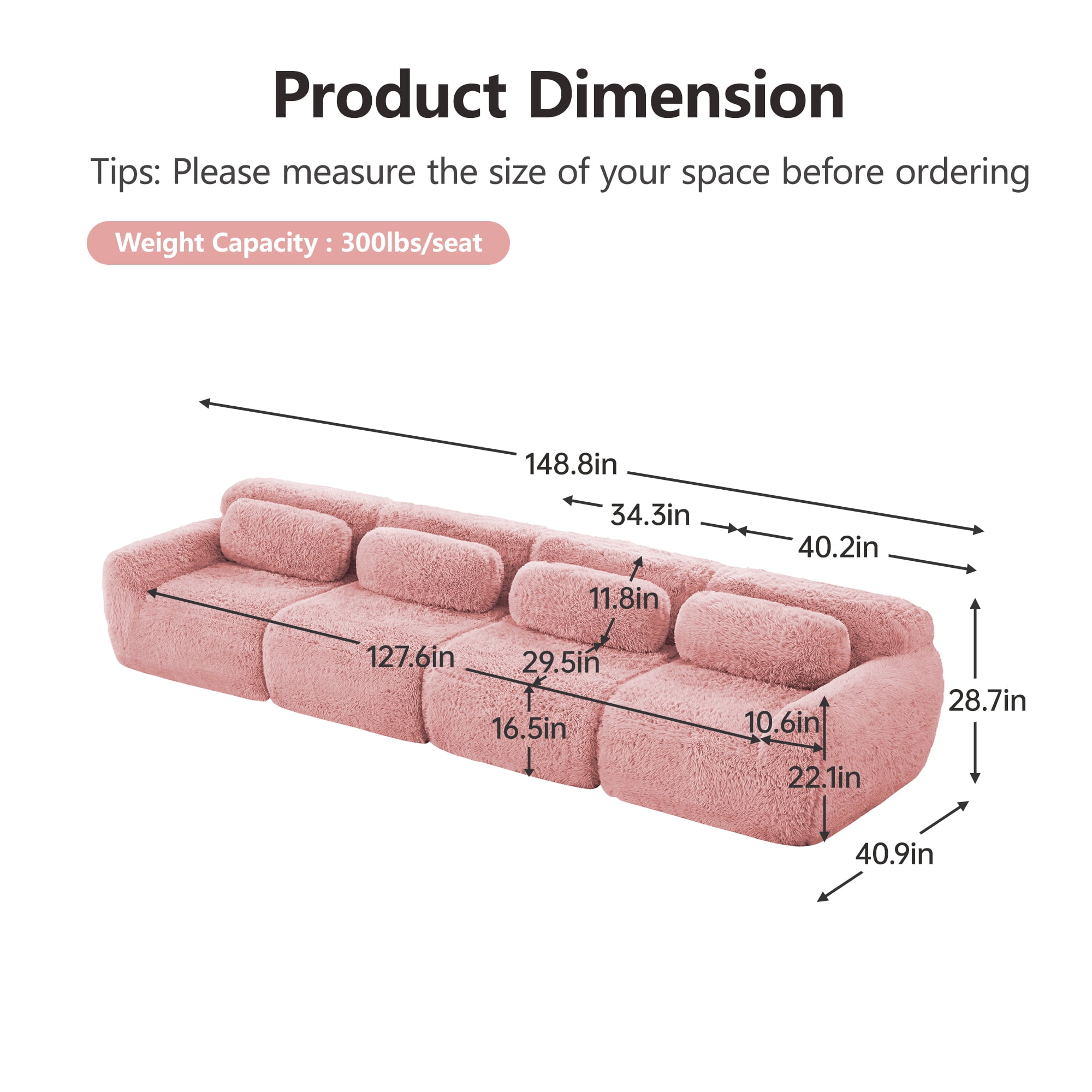 Aukfa 149" Faux Fur Modular Sectional Sofa, 4-Seater Deep Seat Boneless Couch for Living Room, Pink