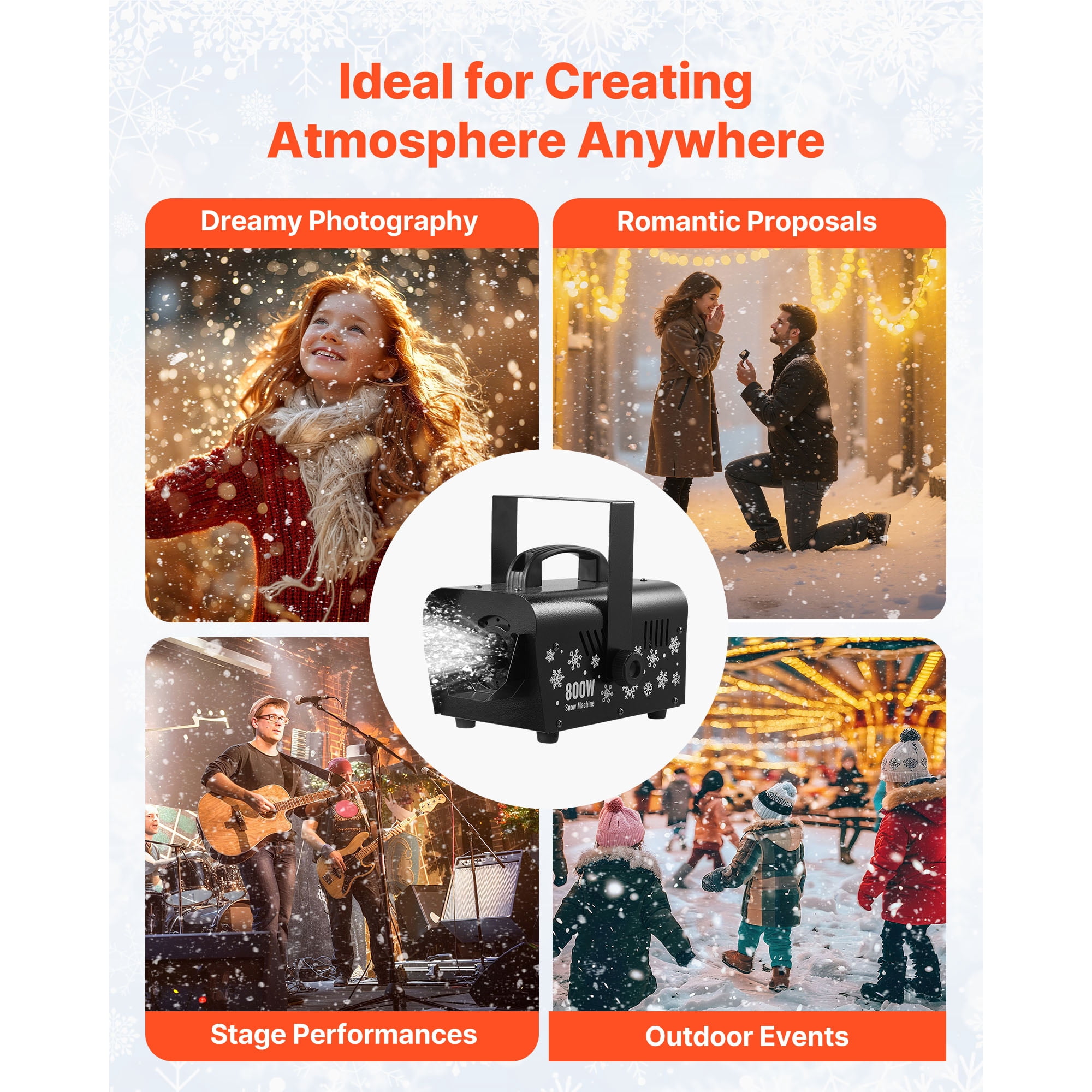 KFFKFF 800W Snow Machine with Remote Control, Portable Snowflake Maker with 1L Tank and Handle, Suitable for Indoor and Outdoor Events, Christmas Parties, and Stage Effects