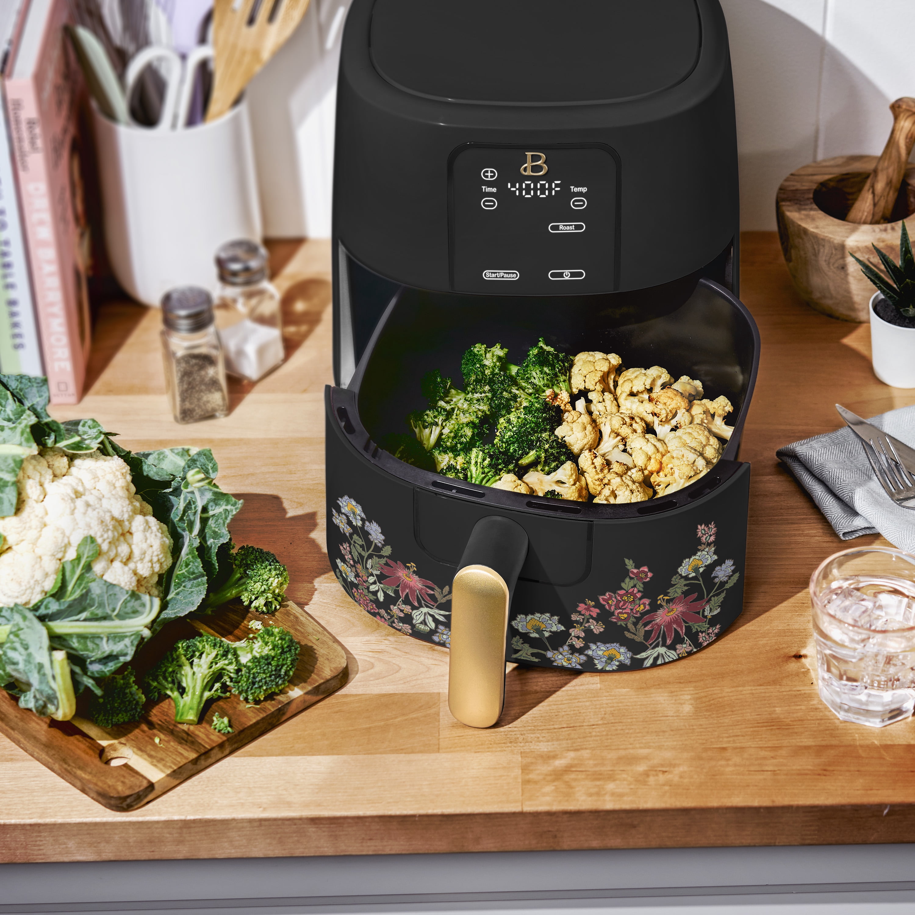 Beautiful 6 Qt Air Fryer with TurboCrisp Technology, EverGood Non-Toxic Ceramic Nonstick Coating, Wildflower Black Sesame by Drew Barrymore