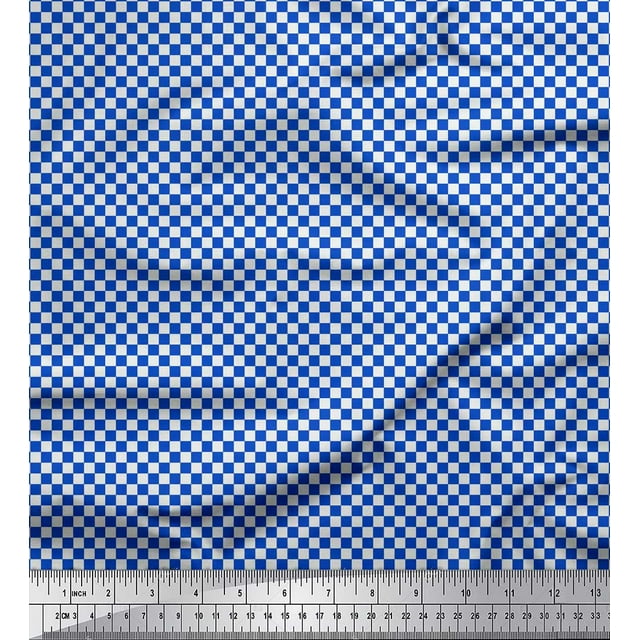 Soimoi Blue Silk Fabric Geometric Check Printed Fabric 1 Yard 42 Inch Wide