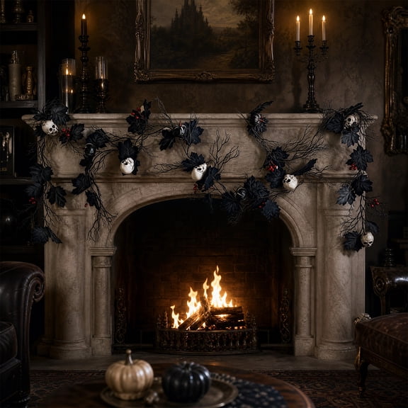Black Halloween Garland with Floral Leaves Artificial Holiday Party Decoraion for Outdoor Indooe Eerie Mantel, Doorway, Staircase, Fireplace Ornament