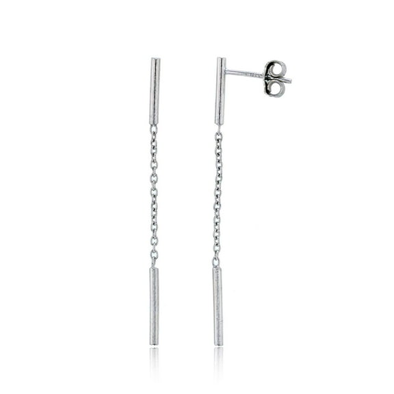 DECADENCE Sterling Silver Polished Rhodium Dangling Bar Chain Earrings for Women | 1.5x45mm Fish Hook Drop Wire Earrings | Secure Bar Closure | 14k Shiny Classic Earrings