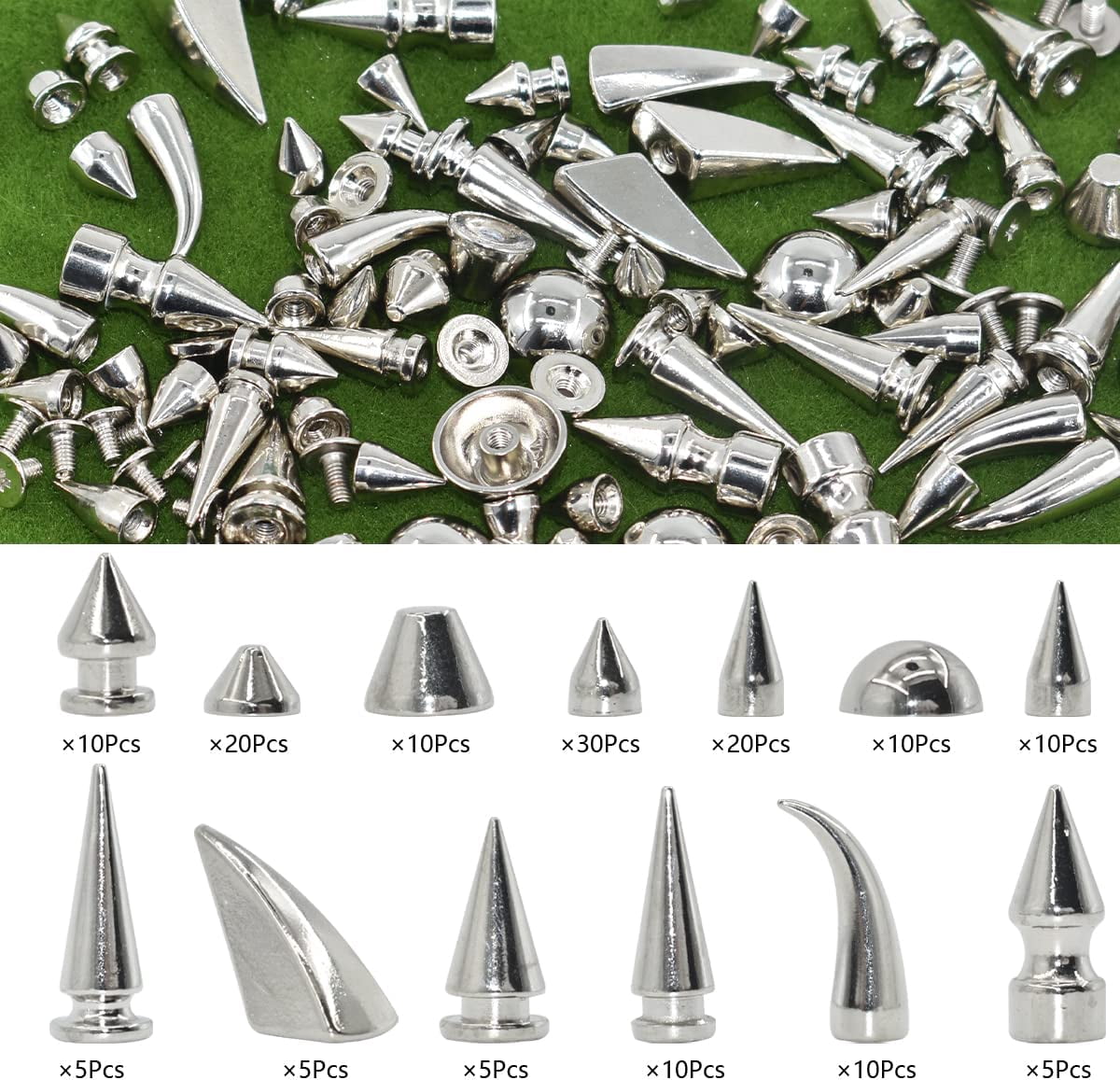 150 Set Punk Spike Rivets Kit, 13 Type Large Studs and Cone Spikes Screw Back Bullet Cone Studs with Install Tools for DIY Project, Necklace Jacket Vest Shoes Boot Leather Crafts (Silver)