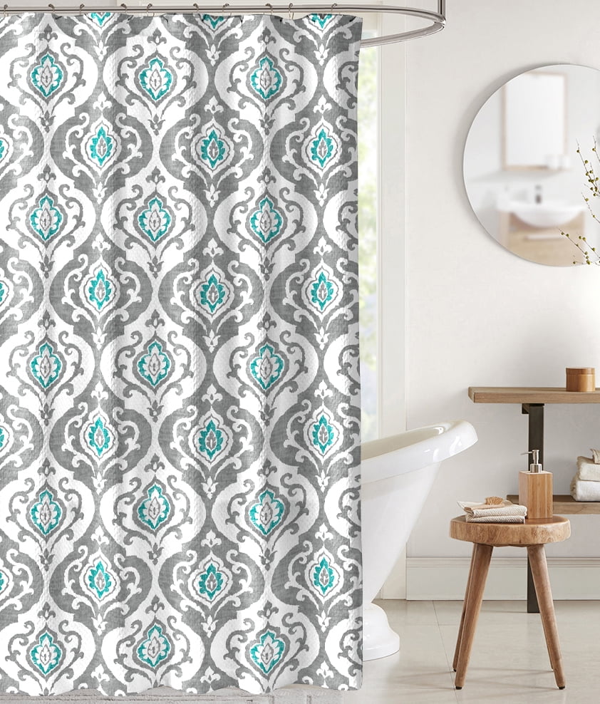 Teal Gray Damask Shower Curtain For Bathroom