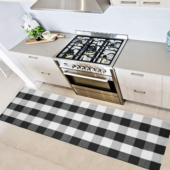 Buffalo Check CPDD ,CPDD Cotton Plaid CPDD Black/White Hand-Woven Buffalo Checkered Floor Mats Washable Carpet for Porch Doormat Kitchen CPDD s (2'x6', Black/White) Black/White 2'x6'