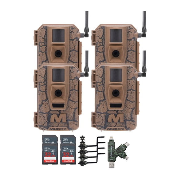 Muddy Mitigator Cellular 24MP Imaging Trail Camera (4-Pack) Bundle with Trail Camera Holder (4-Pack), SDHC UHS-I Memory Card (4-Pack), and High Speed Card Reader (13 Items)