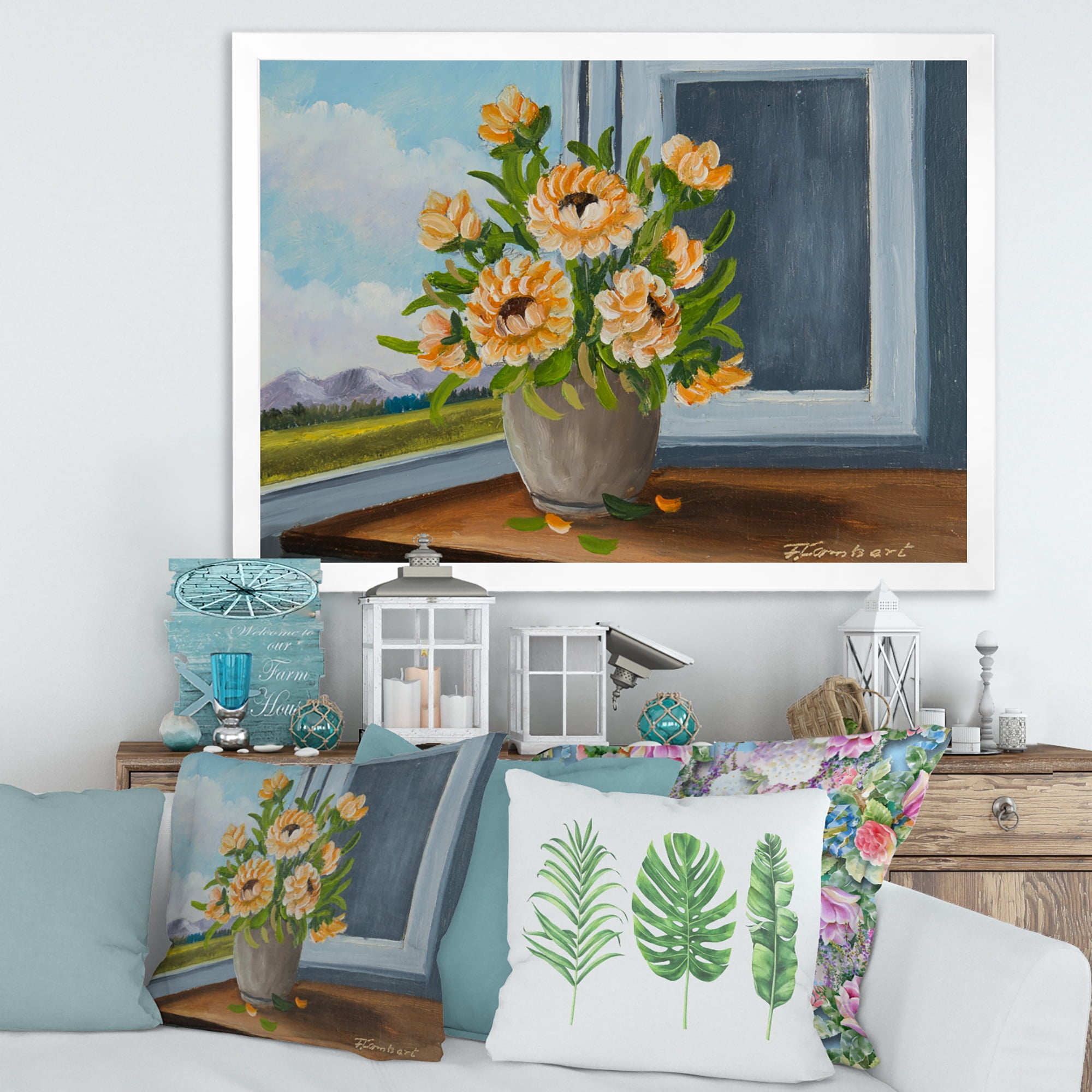 Designart 'Still Life With Orange Flowers In Vase At The Window' Traditional Framed Art Print