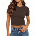 thumbnail image 5 of Women's Regular Fit Round Neck Short Sleeve Solid Color Comfy Pullover Top Blouse Casual Daily Wear Summer Vacation Outfits | CSEONE,Brown S, 5 of 8