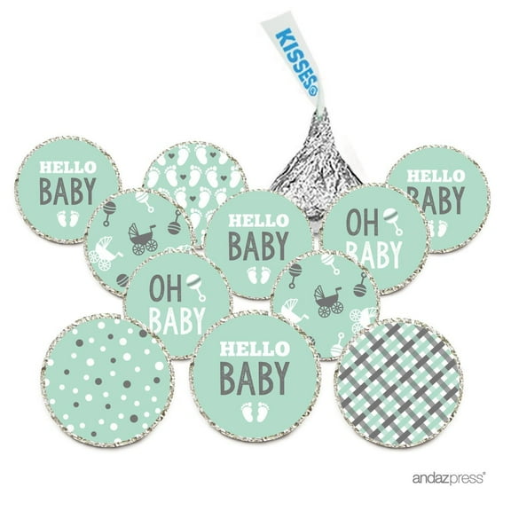 Chocolate Drop Labels, Fits Hershey's Kisses, Ultimate Neutral Baby Shower Collection, Mint Green and Grey, 216-Pack