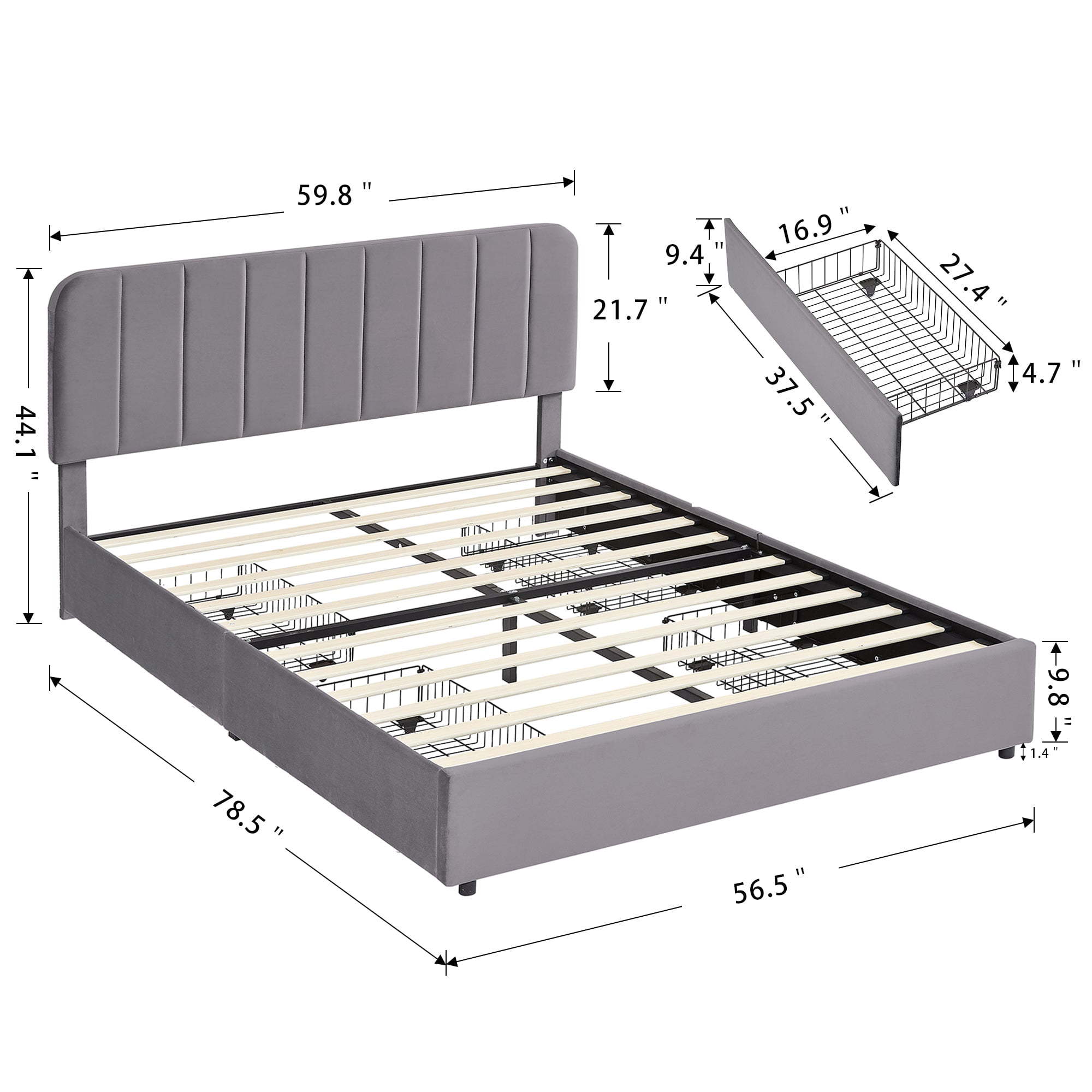 VECELO Full Size Bed Frame with 4 Storage Drawers, Modern Upholstered Platform Bed Frame with Adjustable Headboard, No Box Spring Needed, Dark Gray