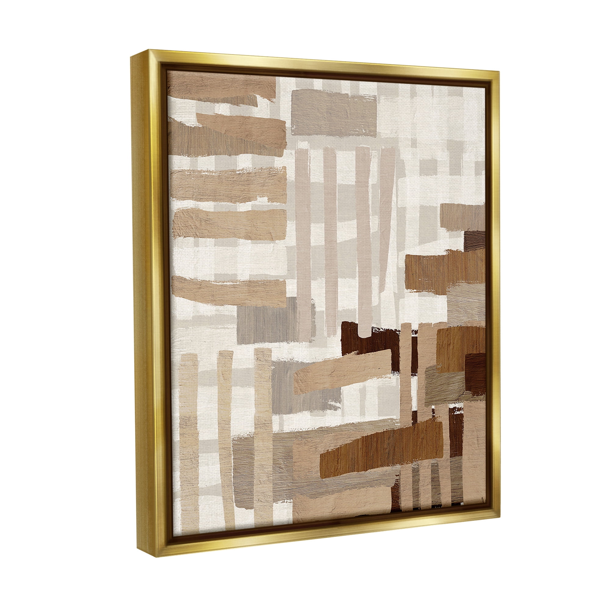 Stupell Industries Natural Hatched Hues Abstract Painting Gold Floater Framed Canvas Art Print Wall Art, 17 x 21