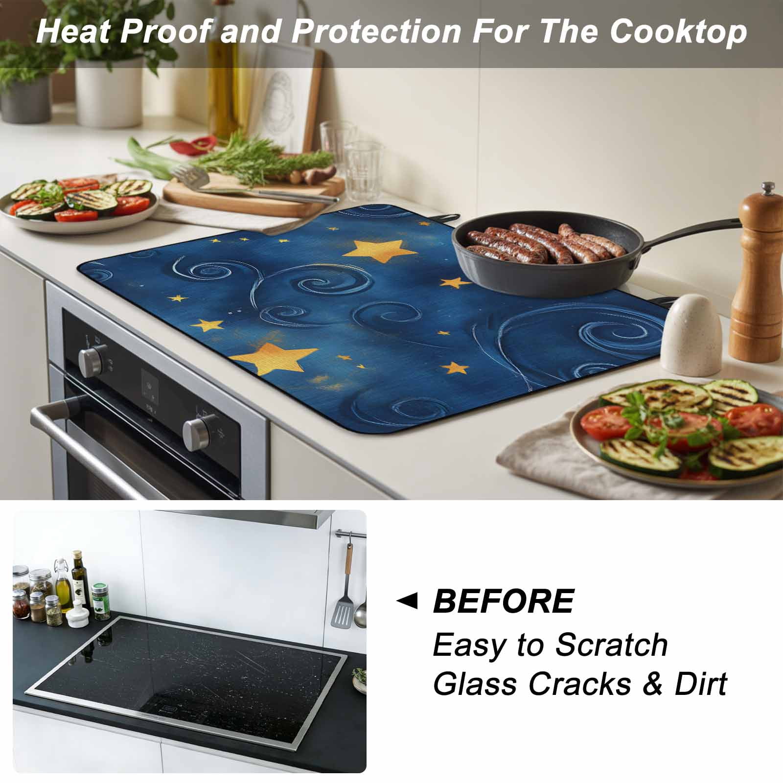 Navy Blue Yellow Star Stove Top Cover for Electric Stove, Heat-proof & Non Slip Glass Top Stove Cover Protector, Starry Sky Vintage Kitchen Flat Cooktop Rubber Mat 31x24 Inches