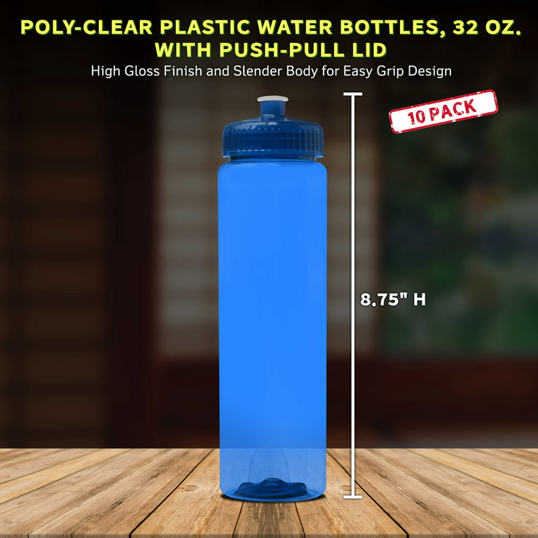 10 Poly-Clear Plastic Water Bottles Set, 32 oz. - Durable, Leak-Resistant,  Push-Pull Lids - Trans Blue 