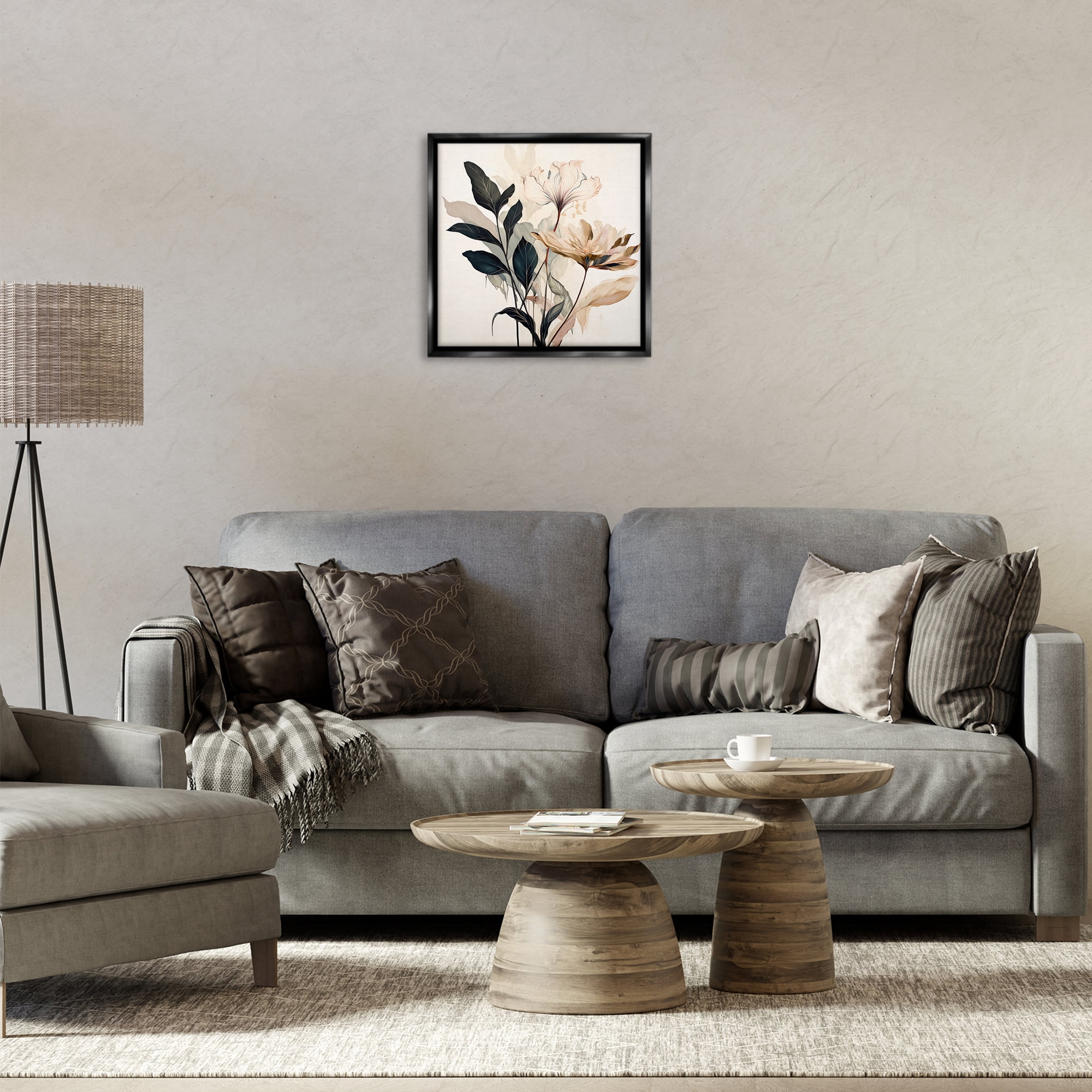 Stupell Industries Leaf Sprig & Flower Plants & Flowers Painting Black Floater Framed Canvas Art Print Wall Art, 18 x 18