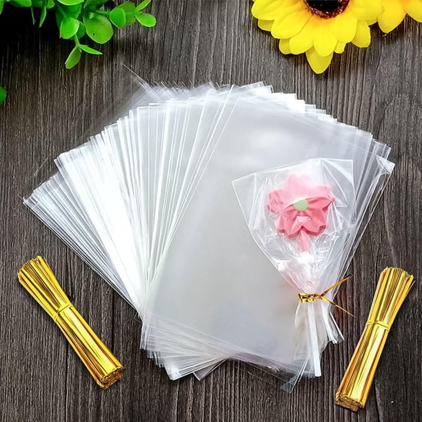 Zhenle 200 bolsas de celofán transparente de 8 x 12 cm, bolsas para galletas, bolsas de regalo, bolsas transparentes de OPP con 200 lazos dorados, pequeñas bolsas de celofán de plástico