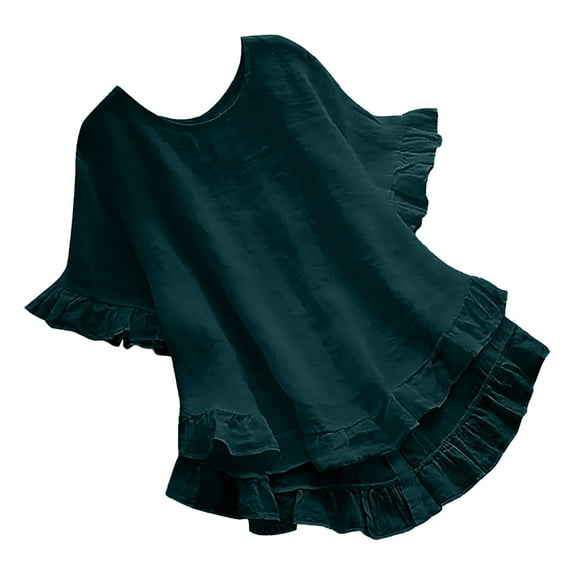 Yubnlvae Oversized Collared Blouse - Short Sleeve Ruffle Detail Casual Shirt (Breathable Cotton | Relaxed Fit | Button-Front | Everyday Wear) (Dark blue | L)