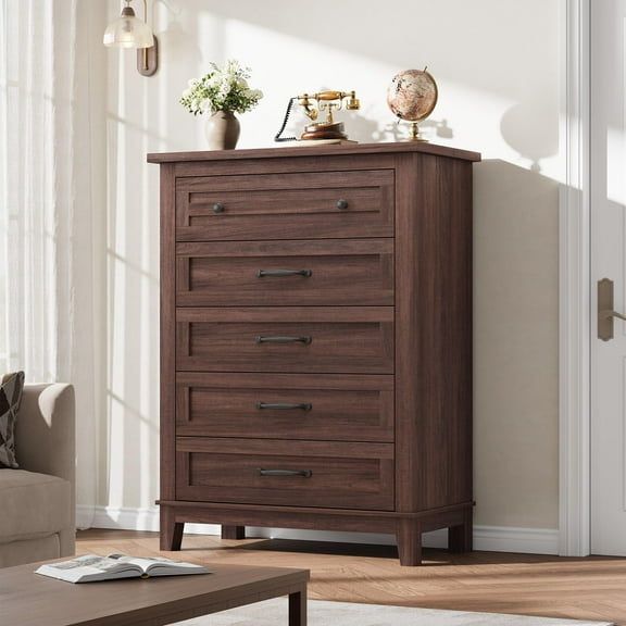 5-Drawer Wooden Dresser for Bedroom, 41.3" Tall Freestanding Storage Chest with Adjustable Feet, Natural Finish - Closet Organizer for Living Room, Hallway– Walnut Brown