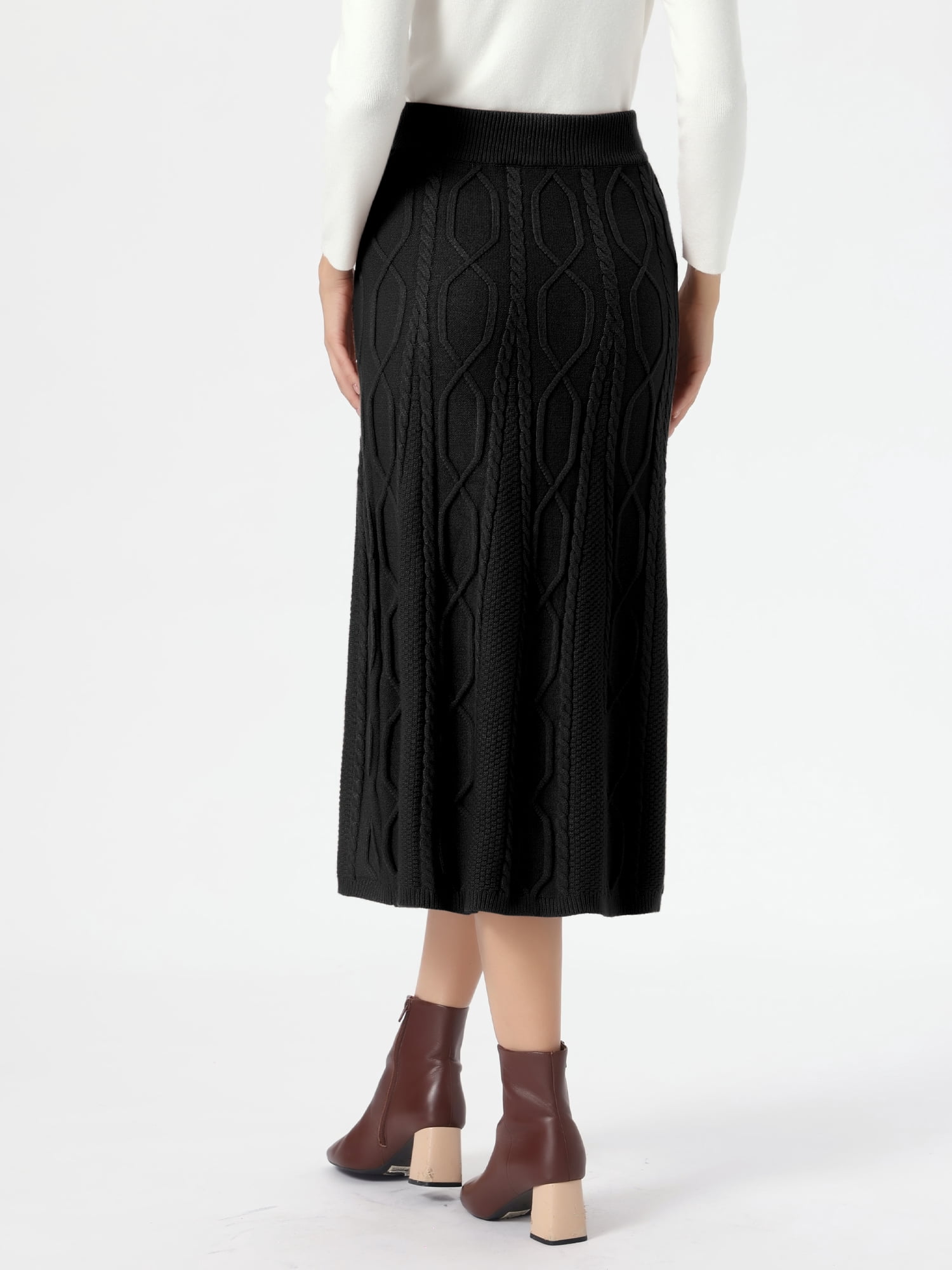 DARING DIVA Women's Cable Knit Sweater Skirt A-Line Ribbed Knit Midi Skirt M Black