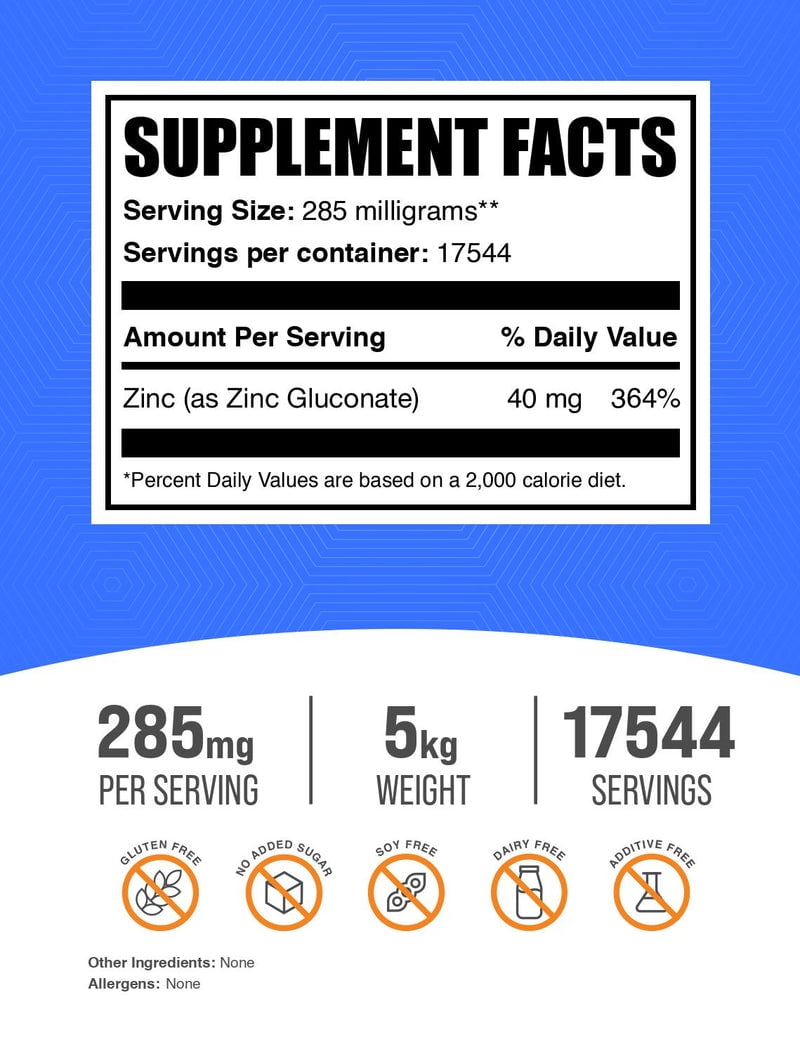 BulkSupplements Zinc Gluconate Powder - Gluten Free, 285mg per Serving - 5 Kilograms (11 lbs) - 17544 Servings