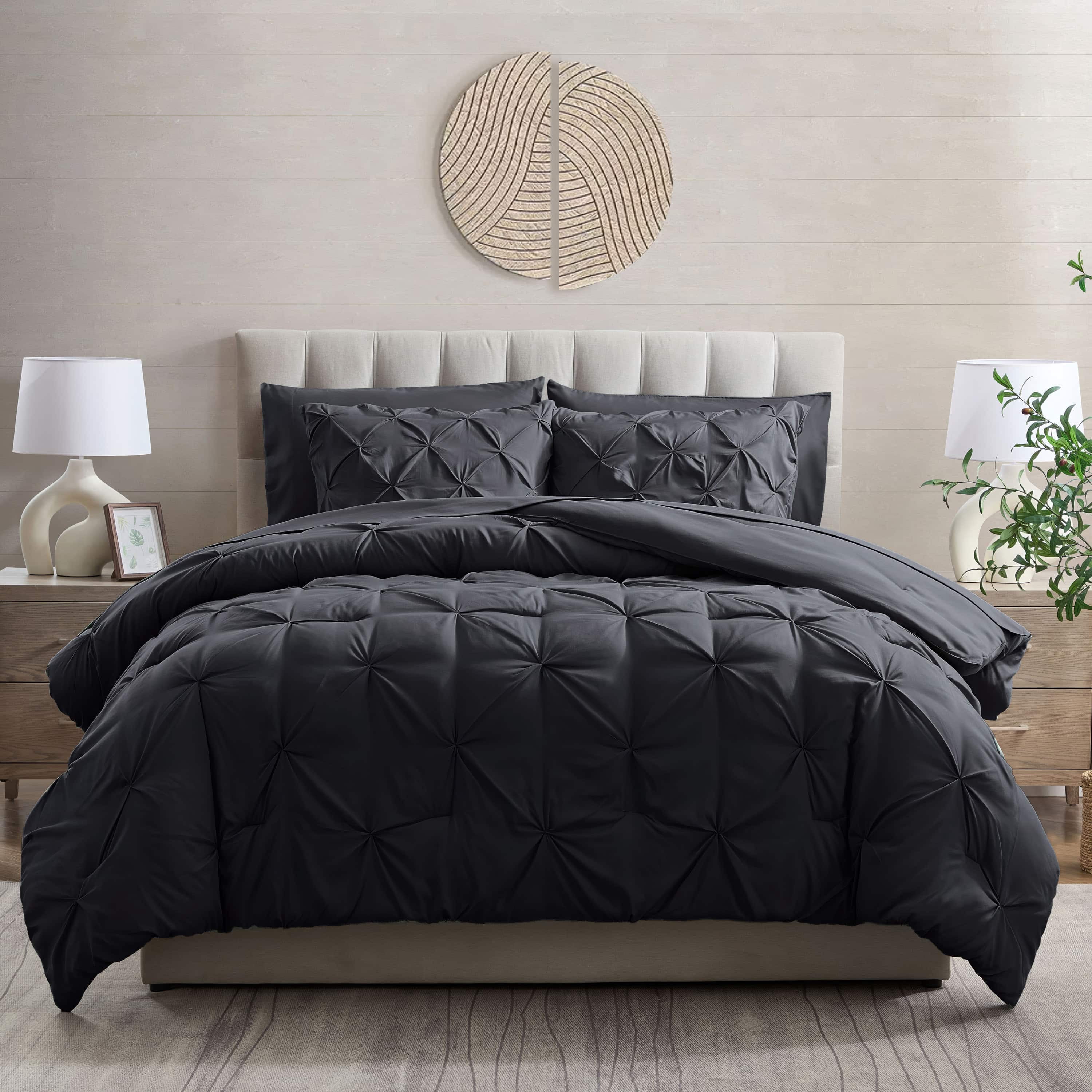 LammaLoe Twin XL Comforter Sets, 5 Piece Bed In A Bag Pintuck Bedding Sets, BLK