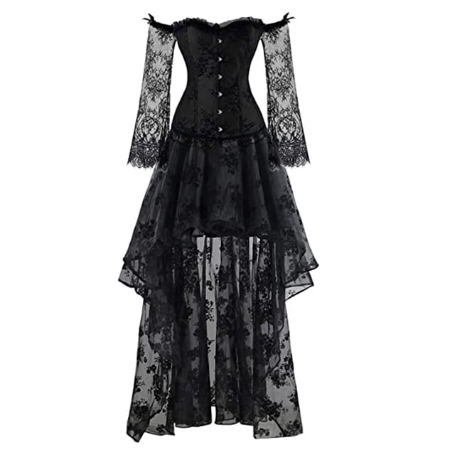 Corsé bustier de encaje steampunk para mujer, con hombros descubiertos y falda asimétrica, para fiesta, color negro