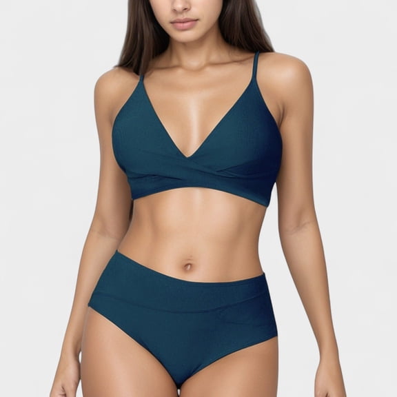 Women's V-Neck Bikini Swimsuit with Crossover Top and High Waist Bottom - Medium, Teal