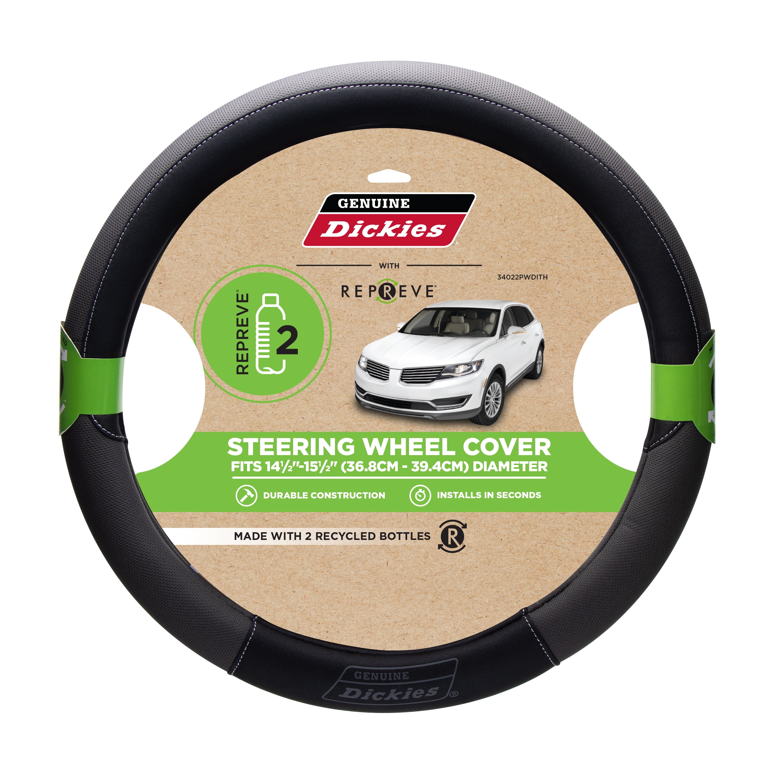 Genuine Dickies Black and Gray Repreve Steering Wheel Cover for Cars SUVs and Crossovers