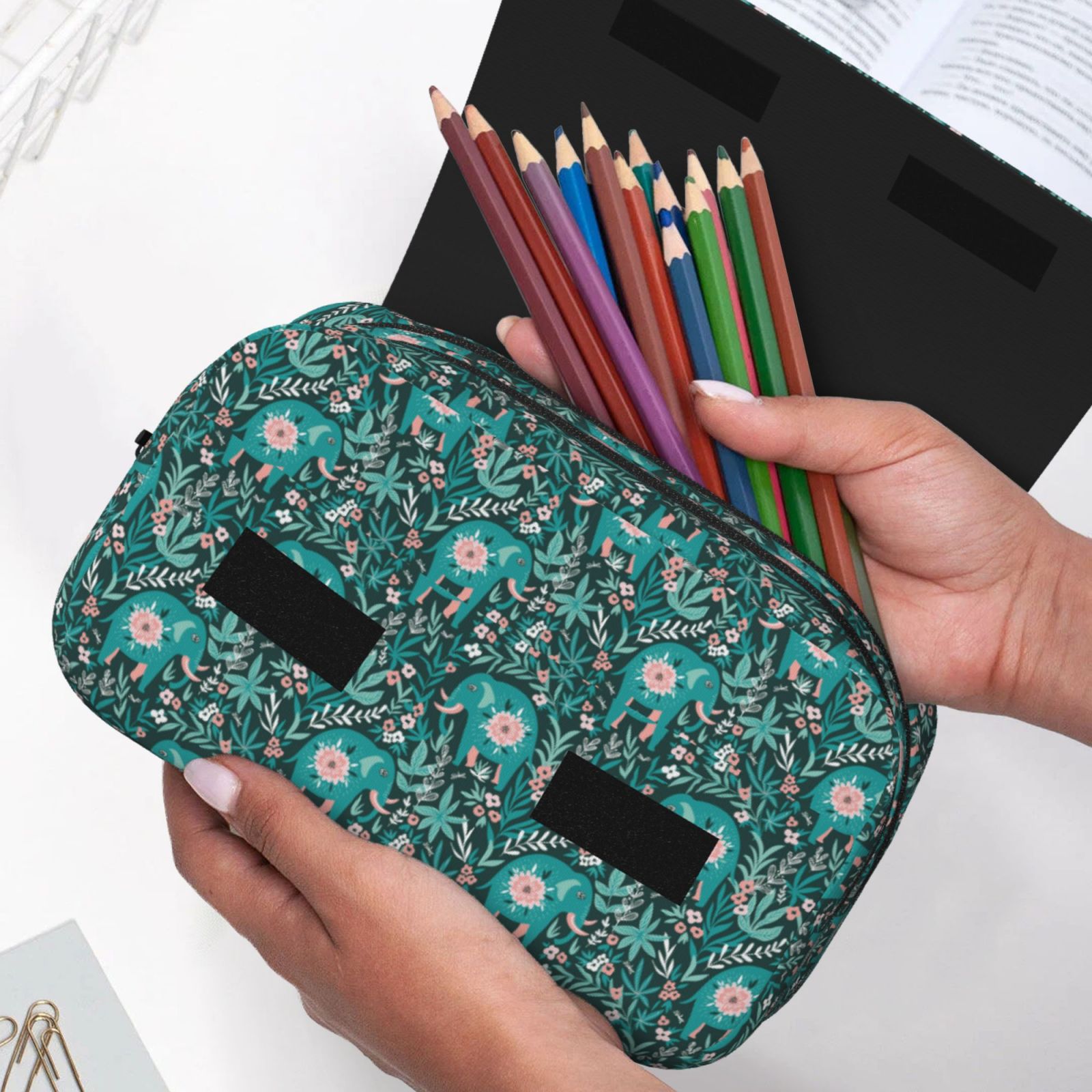 Rateoe Lephants in the Jungle Pattern Double Clamshell Pen Case, Storage Organizer with Two Zipper Compartments– Holds Up to 50 Pencils & Pens