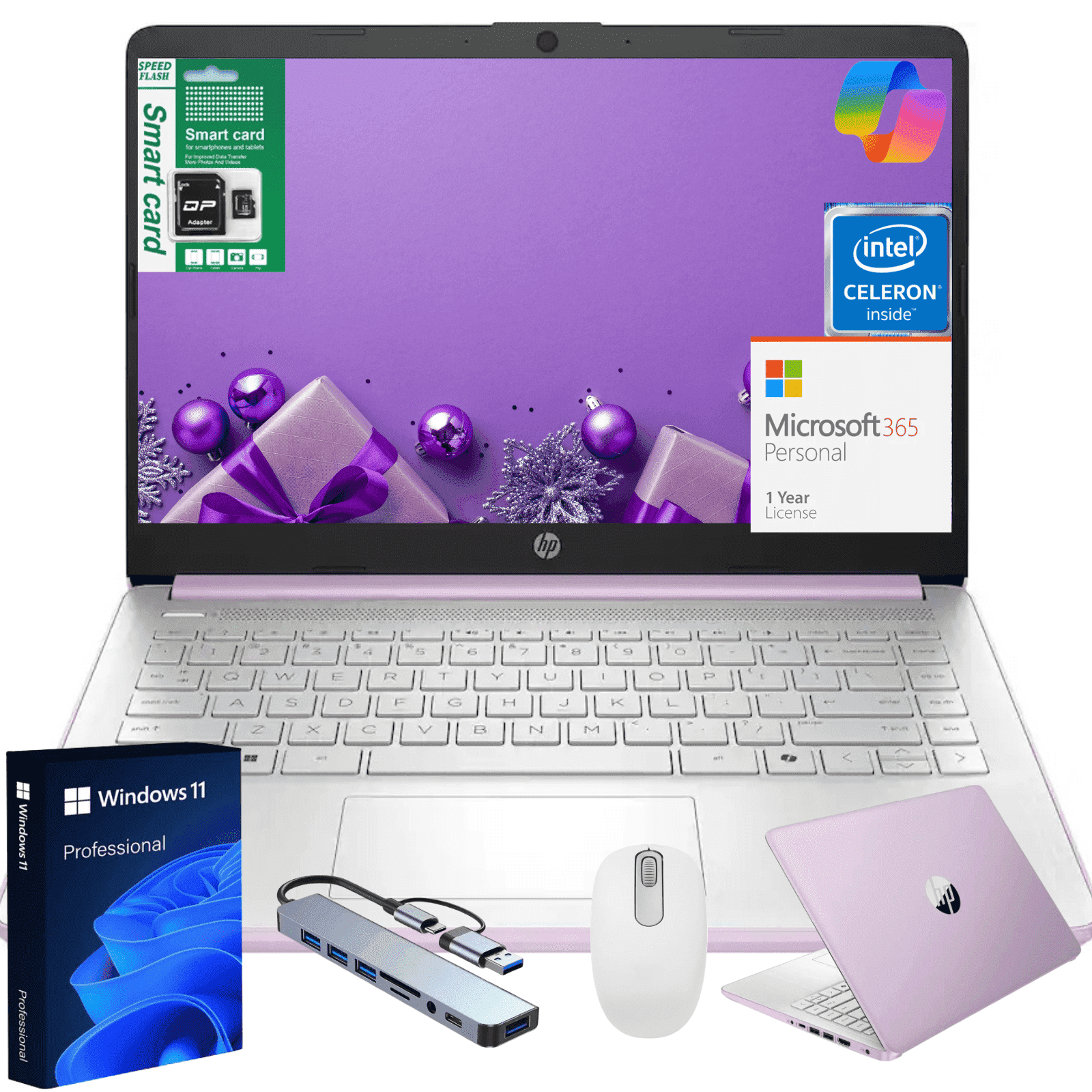 HP 14" N150 Laptop, Intel Quad-Core, 16GB RAM, 384GB Storage (128GB eMMC + 256GB SD), Windows 11 Pro 1 Year Microsoft Office 365, Ultra Thin Light Lavender Notebook for Work and School