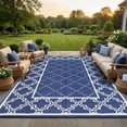 thumbnail image 1 of Outdoor Rug Waterproof 8x10 Patio Rugs Reversible Plastic Straw Rug with Extra Stakes & Carry Bag, Modern Trellis UV-Resistant Hose-Cleanable RV Mat for Porch Deck Balcony Dark Blue, 1 of 7