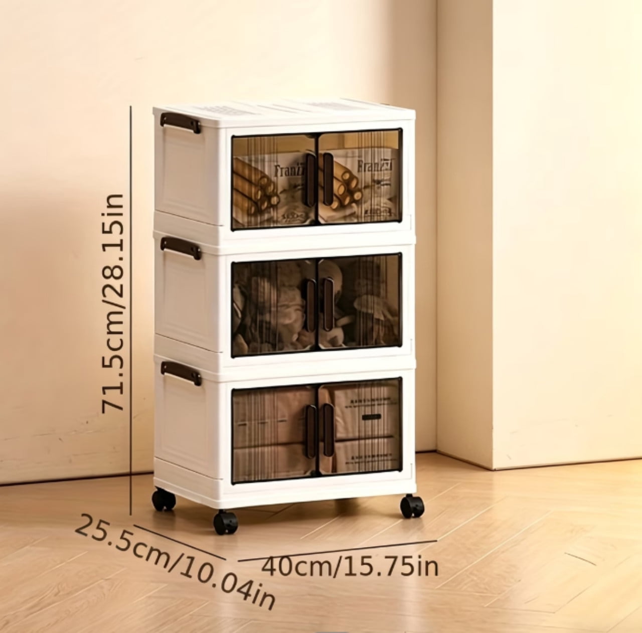 3-Tier Stackable Storage Bins with Lids, Collapsible Rolling Closet Organizer with Wheels, Plastic Storage Cabinet Closet Organizer for Bedroom Living Room