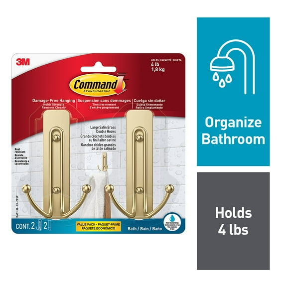 Command Bath Large Brass Finish Double Hook 2 Pack
