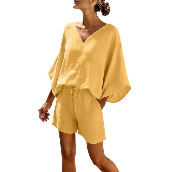 OVAFBAU Women 2 Piece Loungewear Set Beach Vacation Sweatsuit Tracksuit Set Women's Summer V Neck Short Sleeve Top Pocket Casual Shorts Set Summer Outfits