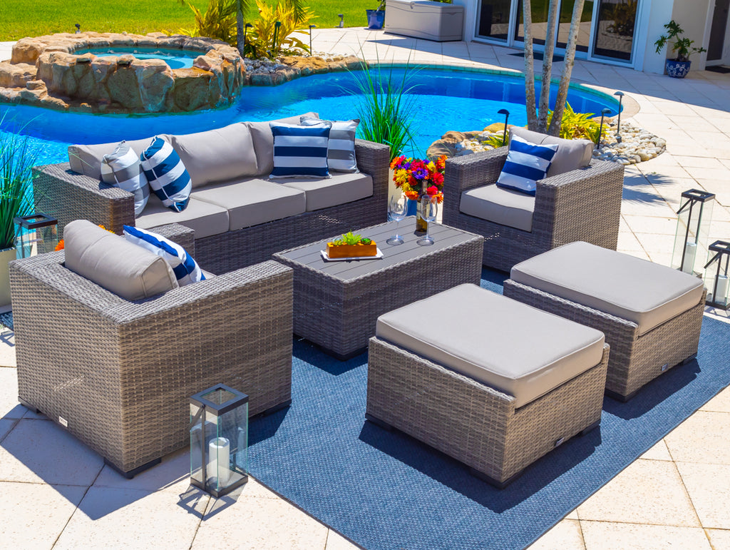 Sorrento 6-Piece L Resin Wicker Outdoor Patio Furniture Lounge Sofa Set in Gray w/ Sofa, Two Armchairs, Two Ottomans, and Coffee Table (Flat-Weave Gray Wicker, Polyester Light Gray) - image 1 of 9