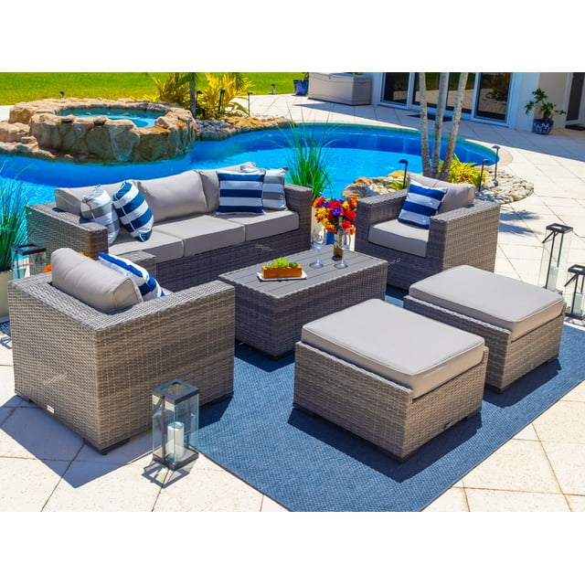 Sorrento 6-Piece L Resin Wicker Outdoor Patio Furniture Lounge Sofa Set in Gray w/ Sofa, Two Armchairs, Two Ottomans, and Coffee Table (Flat-Weave Gray Wicker, Polyester Light Gray)