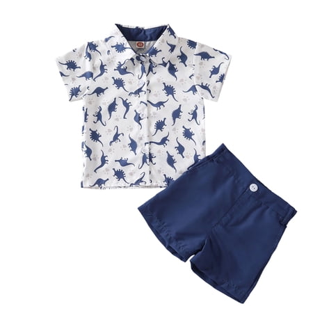 SonxaHe Toddler Boy Summer Outfits Cartoon Dinosaur Short Sleeve Shirt Shorts Kids Loose Cozy Beach Play Outfit Set Blue Size 3-4 Y