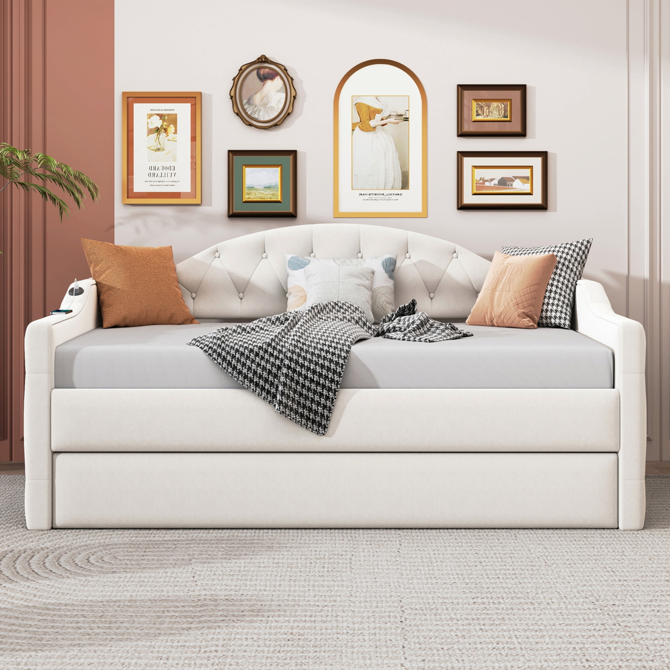 Noble House Twin Tufted Upholstered Daybed with Trundle, USB and Type-C Charging Ports, Beige