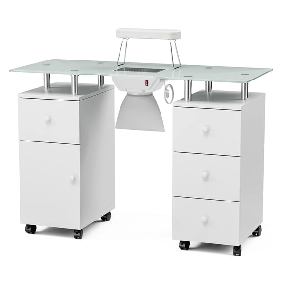 Manicure Table with Glass Top, Foldable Arm Rest, Lockable Wheels, Storage Drawers for Nail Tech - White