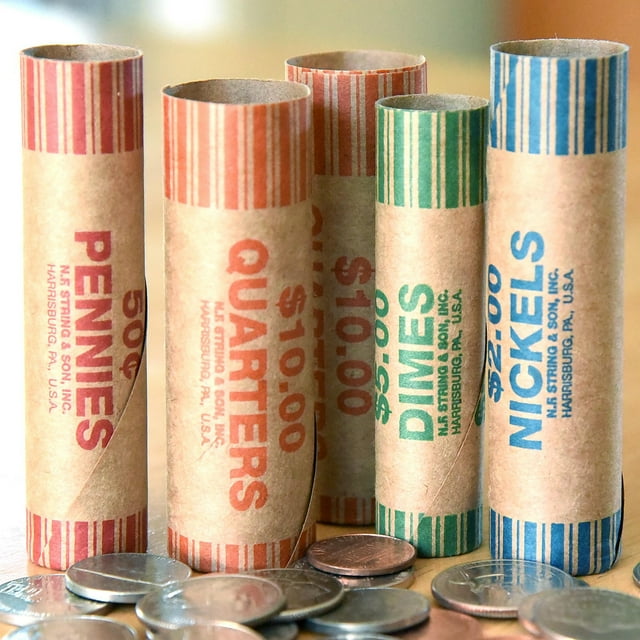 YAOMOBB Mall Coin Organizer Color Coded Preformed Coin Wrappers, a set of 10 assorted rolls for quarters, pennies, dimes, and nickels. Made of durable kraft paper, these cylindrical wrappers meet ABA standard colors for easy coin organization and quick identification. The image shows red, orange, green, and blue wrappers labeled with denominations, standing upright with loose coins scattered around them. Suitable for banks, retail stores, coin exchanges, and laundries.