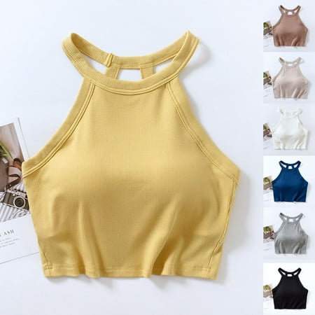 DDAPJ pyju Ribbed Tank Top with Built in Bra for Women Backless Halter Camisole Comfort Workout Undershirt Padded Cami Shirts Limited Time Sales Blue XL