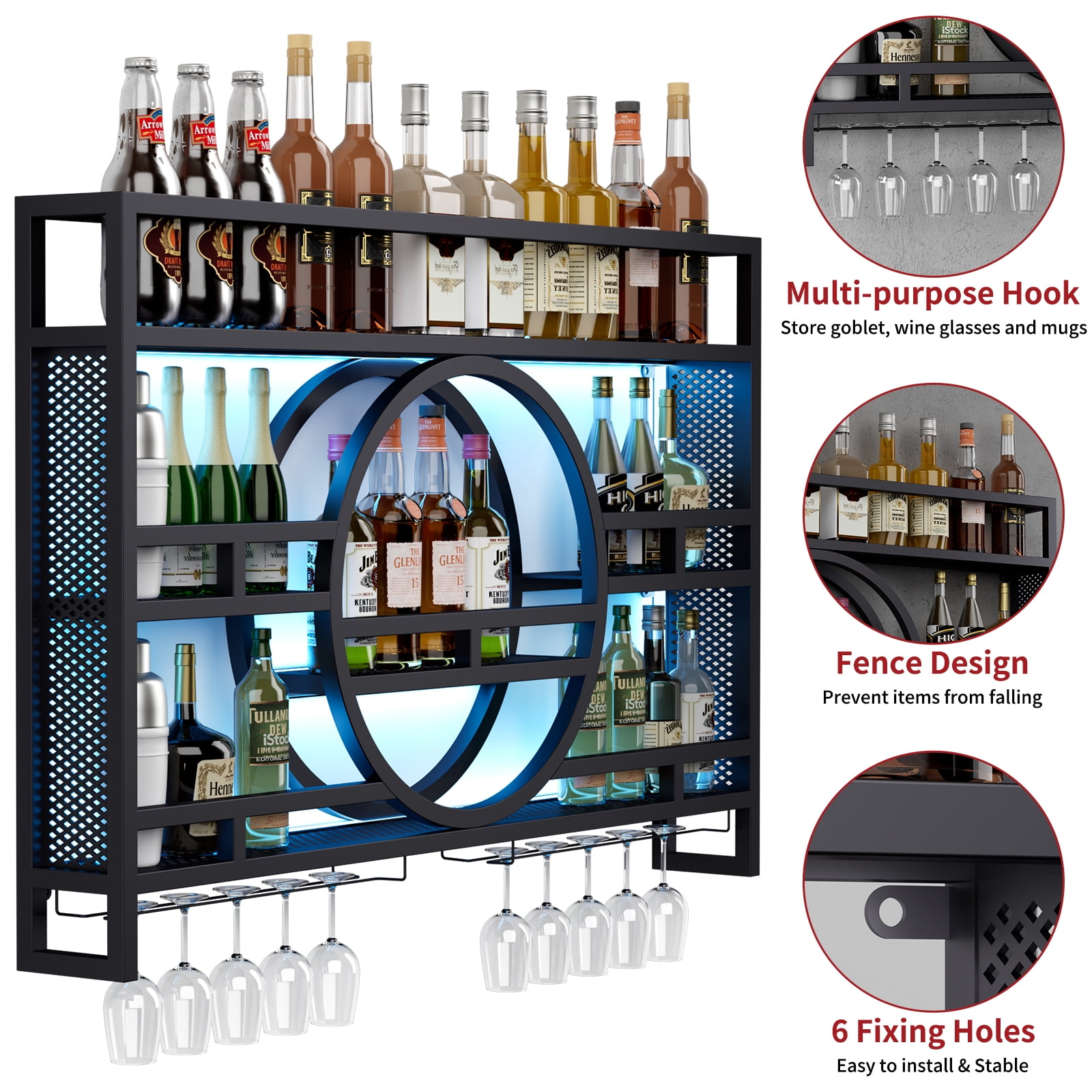 3-Tier Industrial Wine Rack Wall Mounted with LED Light, Floating Bar Shelves with Wine Glass Holder Hanging Liquor Shelf, Wall-Mounted Wine Racks Cabinets for Home Bar No Assembly Required 39 in